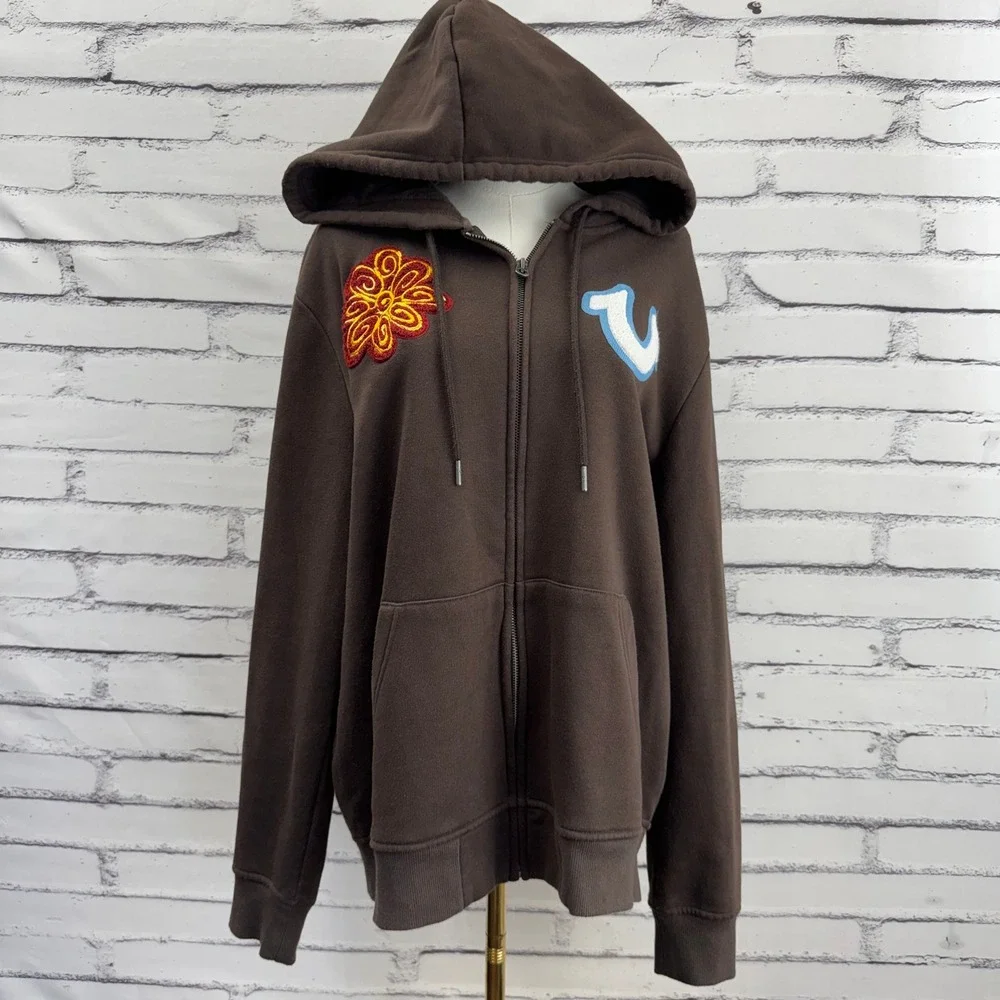 True Religion True Flower EST 02 World Tour Brown Zip Y2K Hoodie Chenille Size L